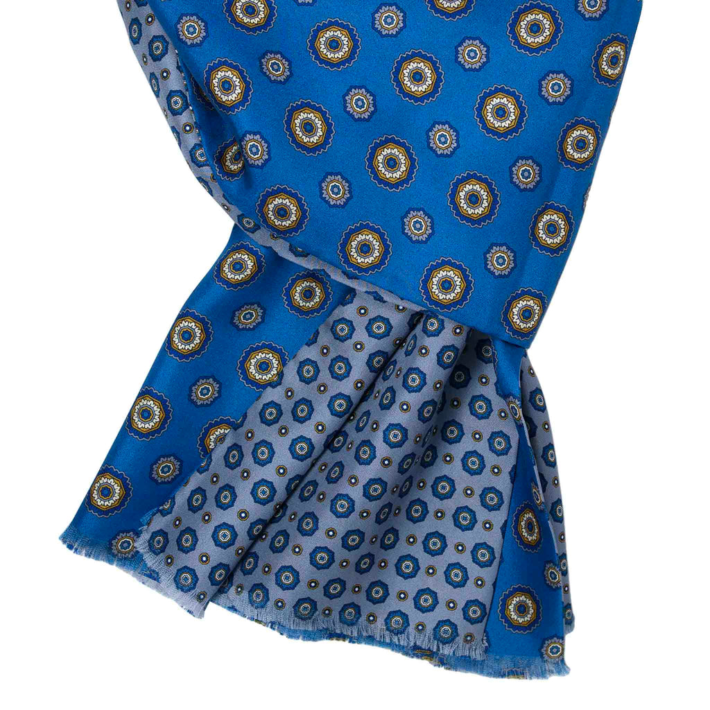 Blue & Grey Silk Scarf with Flower Medallions Serà Fine Silk