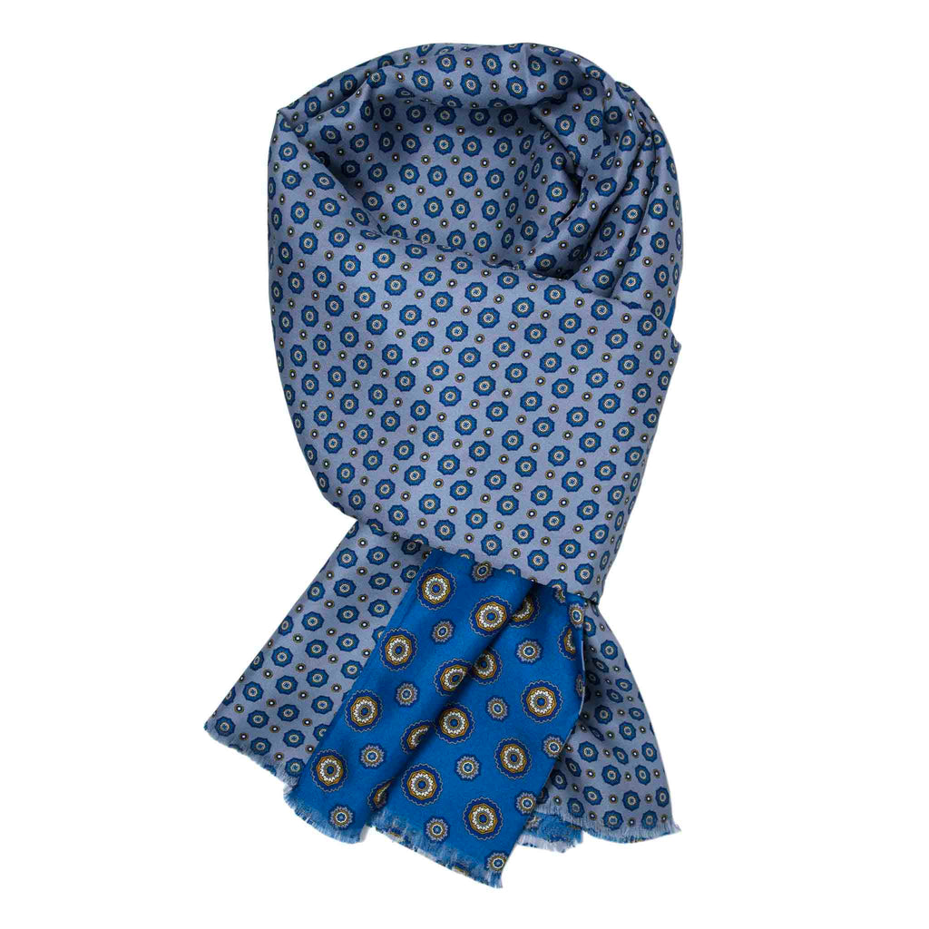 Blue & Grey Silk Scarf with Flower Medallions Serà Fine Silk