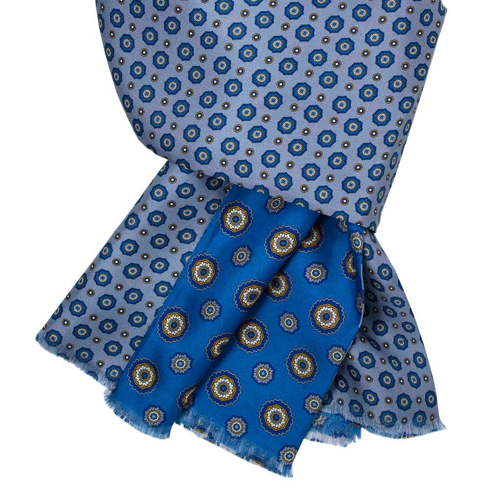 Blue & Grey Silk Scarf with Flower Medallions Serà Fine Silk