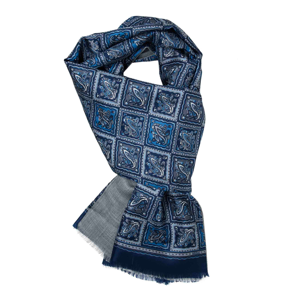Blue and Grey Mosaic Cashmere Scarf Serà Fine Silk