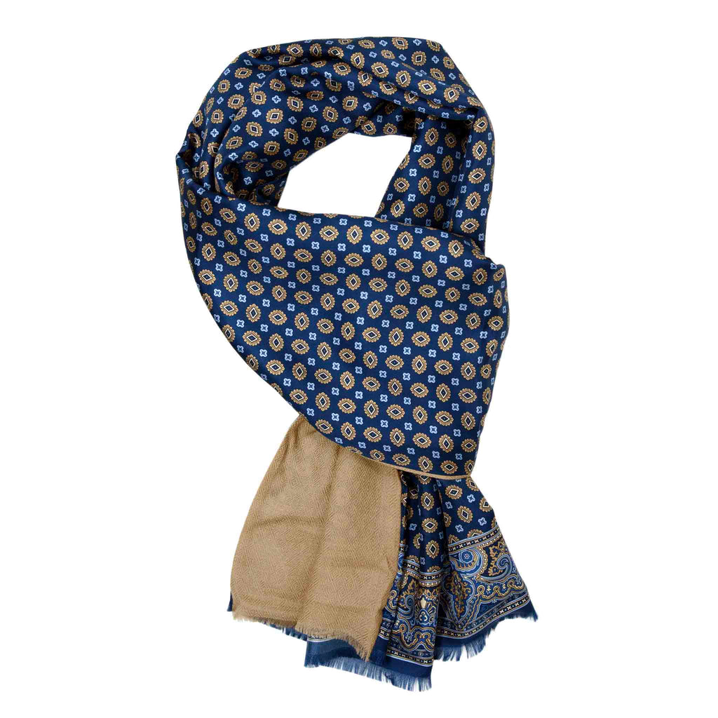 Blue and Cream Geometric Cashmere Scarf Serà Fine Silk