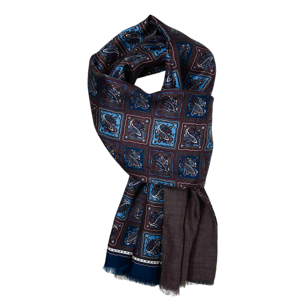 Blue and Brown Mosaic Cashmere Scarf Serà Fine Silk