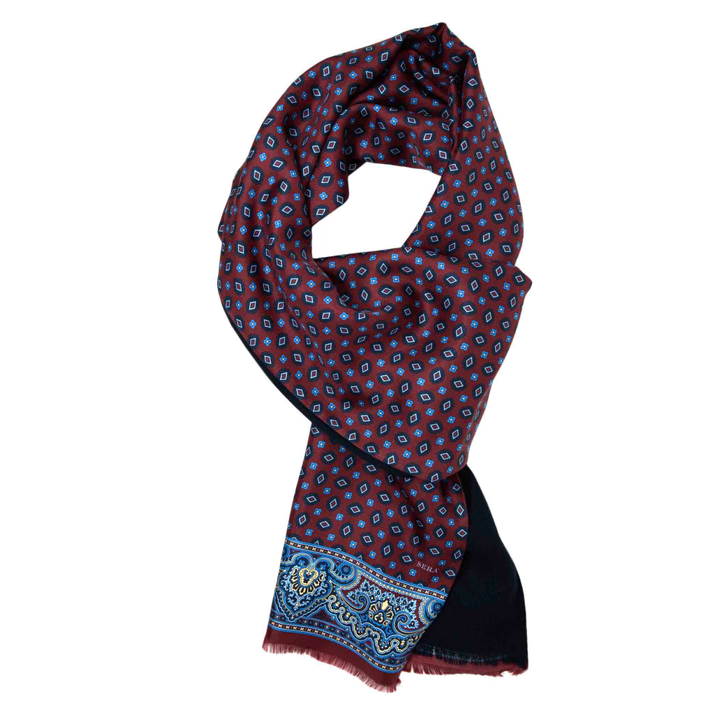 Burgundy and Black Geometric Cashmere Scarf Serà Fine Silk