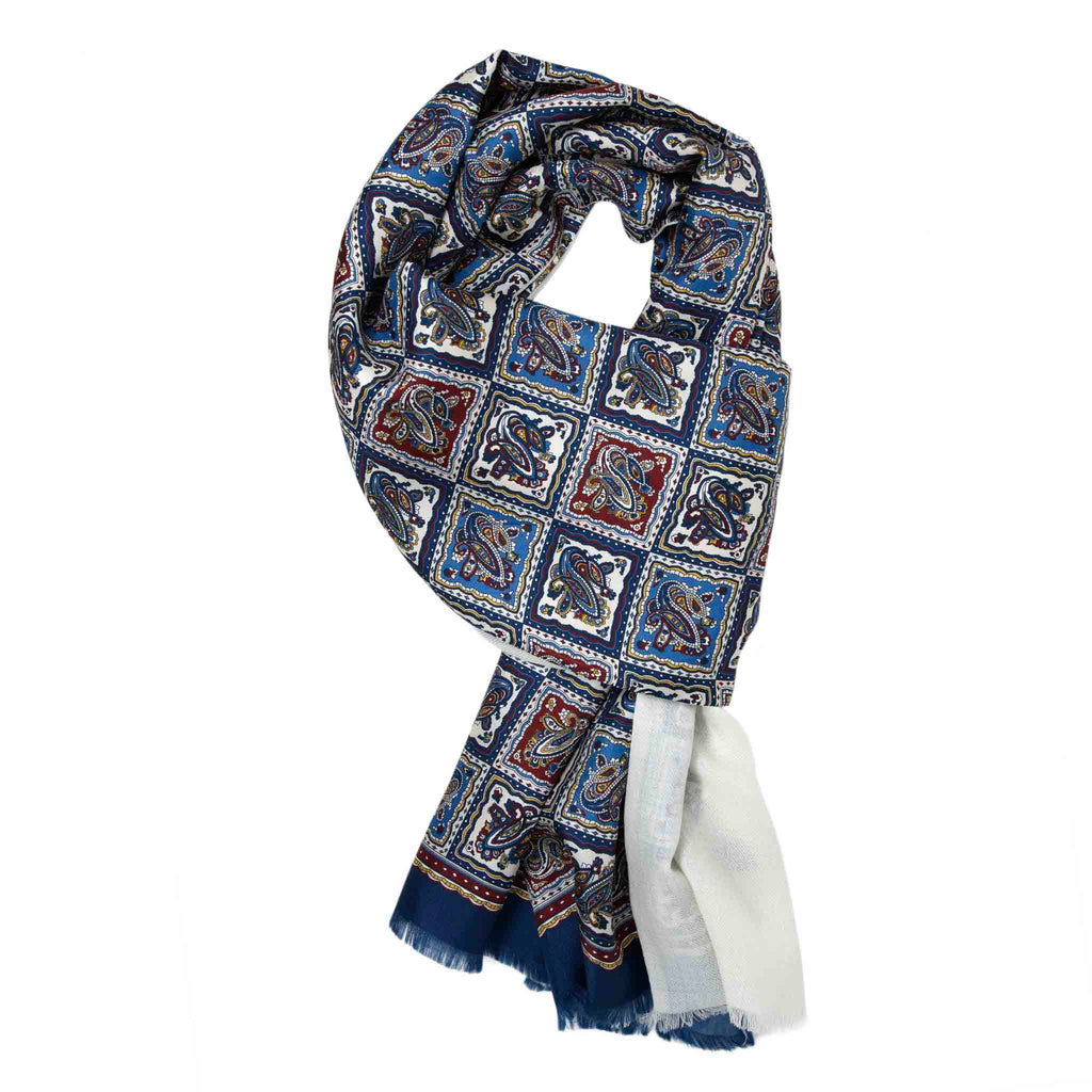 White and Blue Mosaic Cashmere Scarf Serà Fine Silk