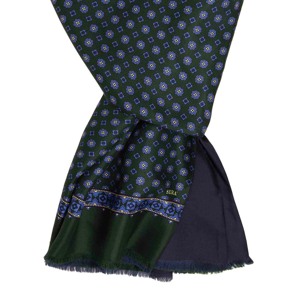 Green with Light Blue Flowers Silk Scarf Serà Fine Silk