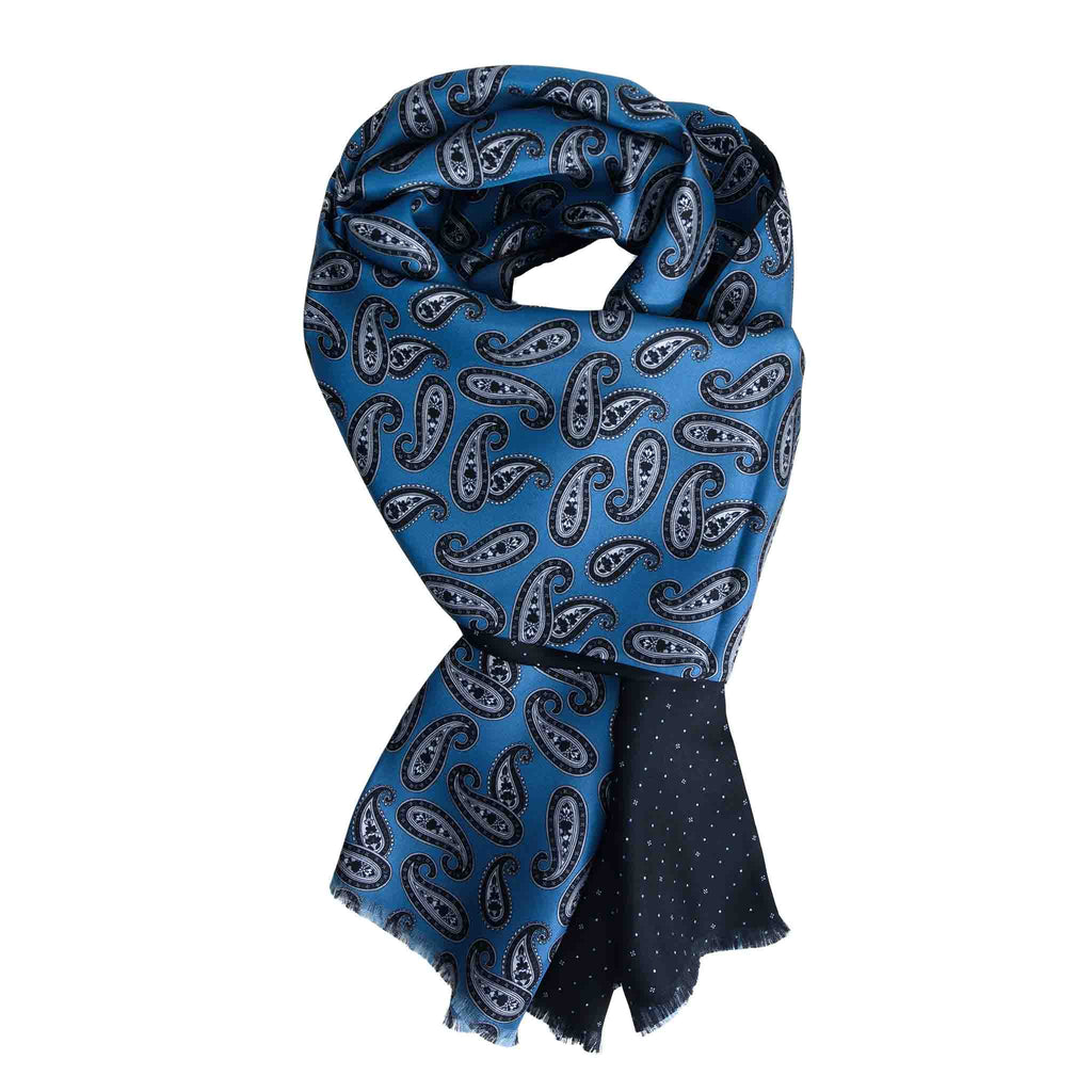 Dust Blue & Black Silk Scarf with Paisley Pattern Serà Fine Silk