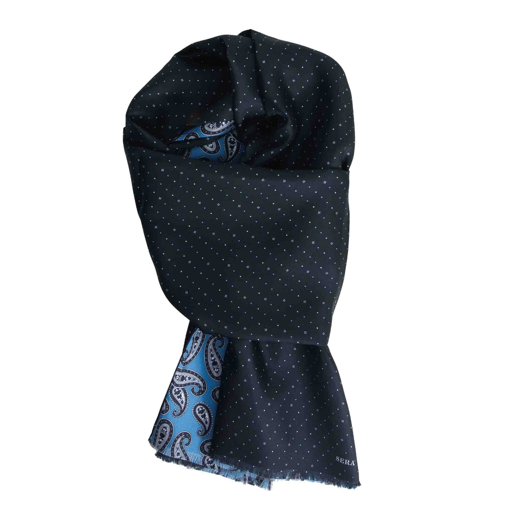 Dust Blue & Black Silk Scarf with Paisley Pattern Serà Fine Silk