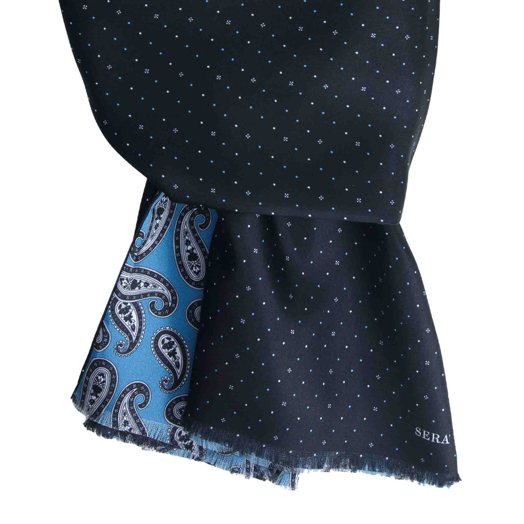 Dust Blue & Black Silk Scarf with Paisley Pattern Serà Fine Silk