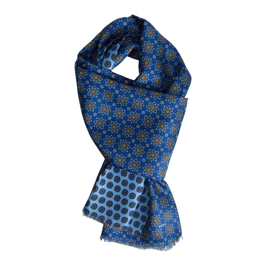 Italian Blue Silk Scarf with Big Medallions  Serà Fine Silk