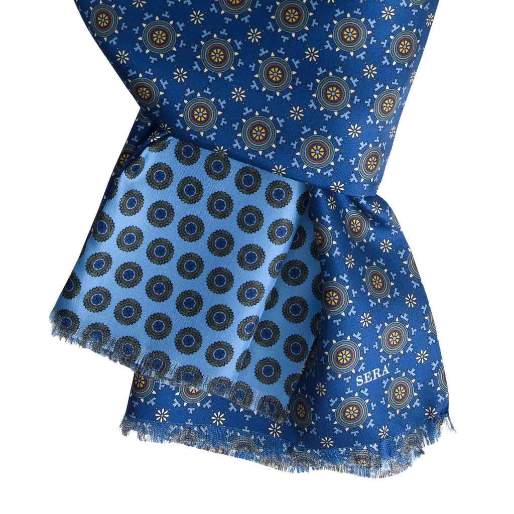 Italian Blue Silk Scarf with Big Medallions  Serà Fine Silk