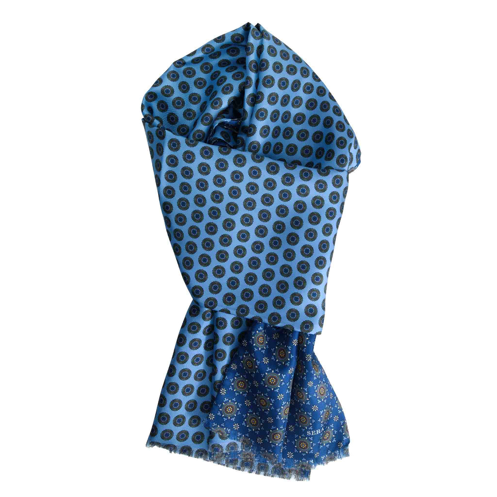 Italian Blue Silk Scarf with Big Medallions  Serà Fine Silk