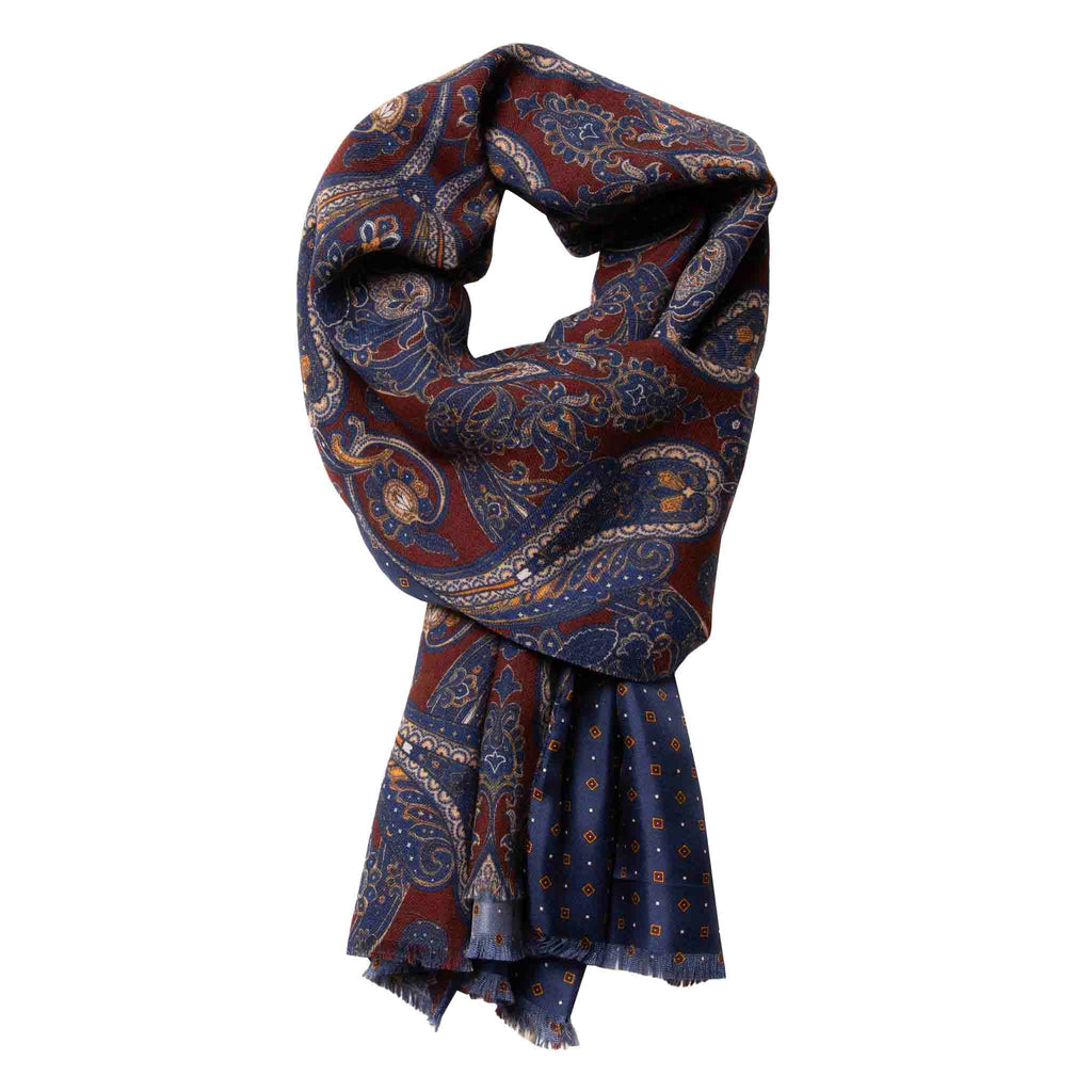 Double Sided Wool Silk Scarf in Brown, Navy, & Blue Paisley with