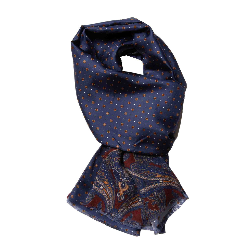 Navy Blue & Brown Reversible Silk & Wool Scarf Serà Fine Silk