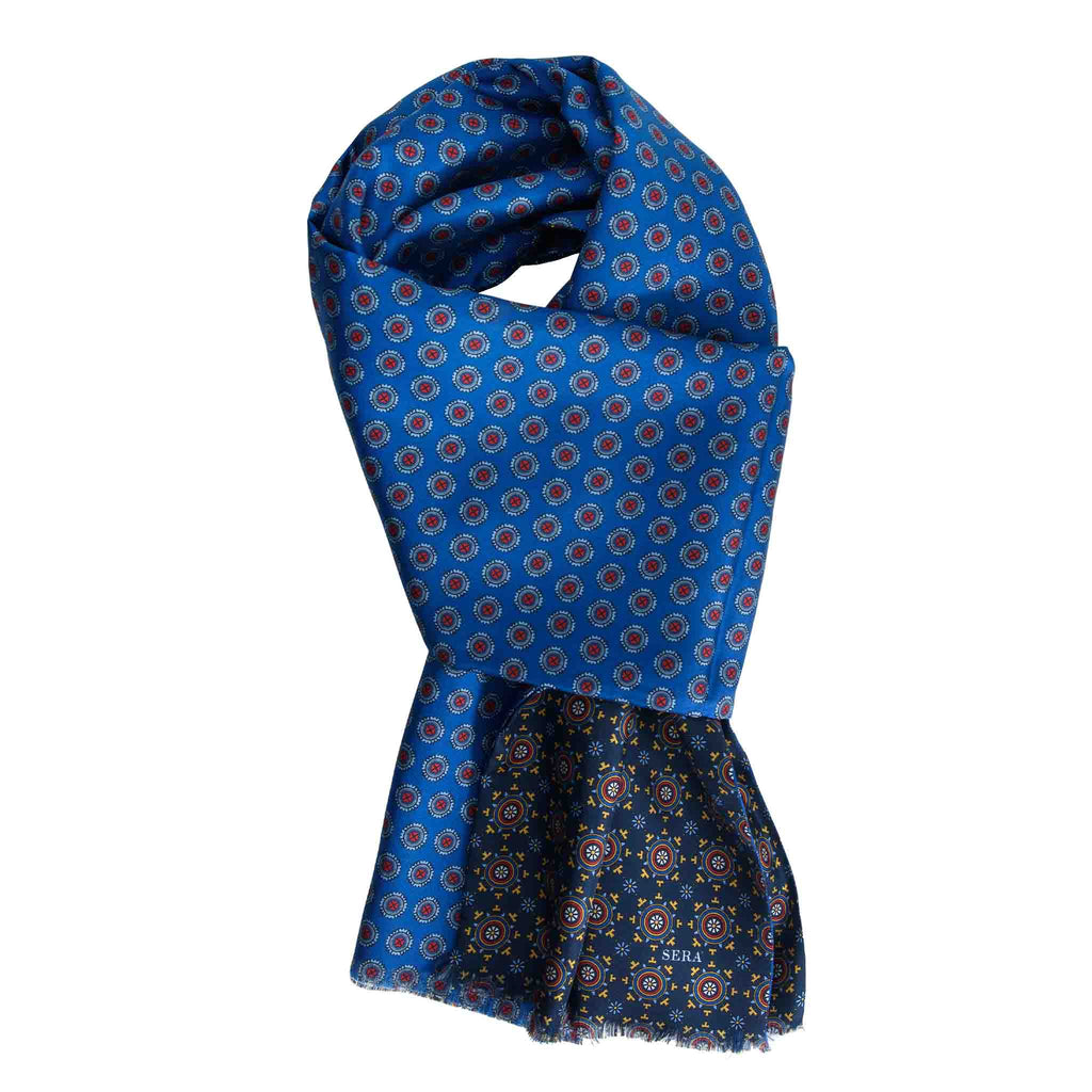 Italian Blue Silk Scarf with Big Medallions Serà Fine Silk