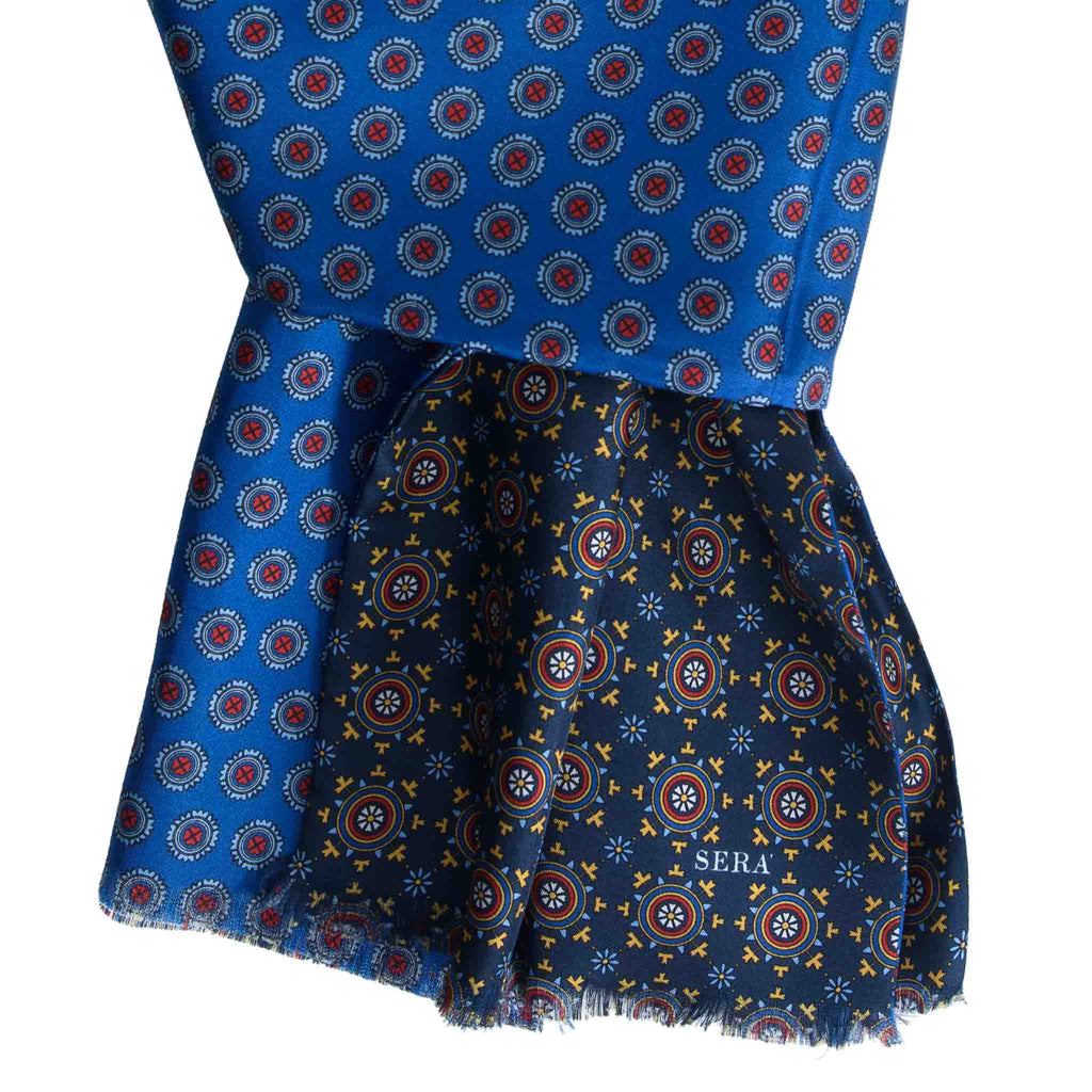 Italian Blue Silk Scarf with Big Medallions Serà Fine Silk
