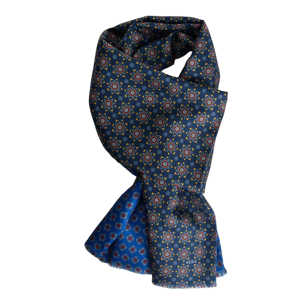 Italian Blue Silk Scarf with Big Medallions Serà Fine Silk