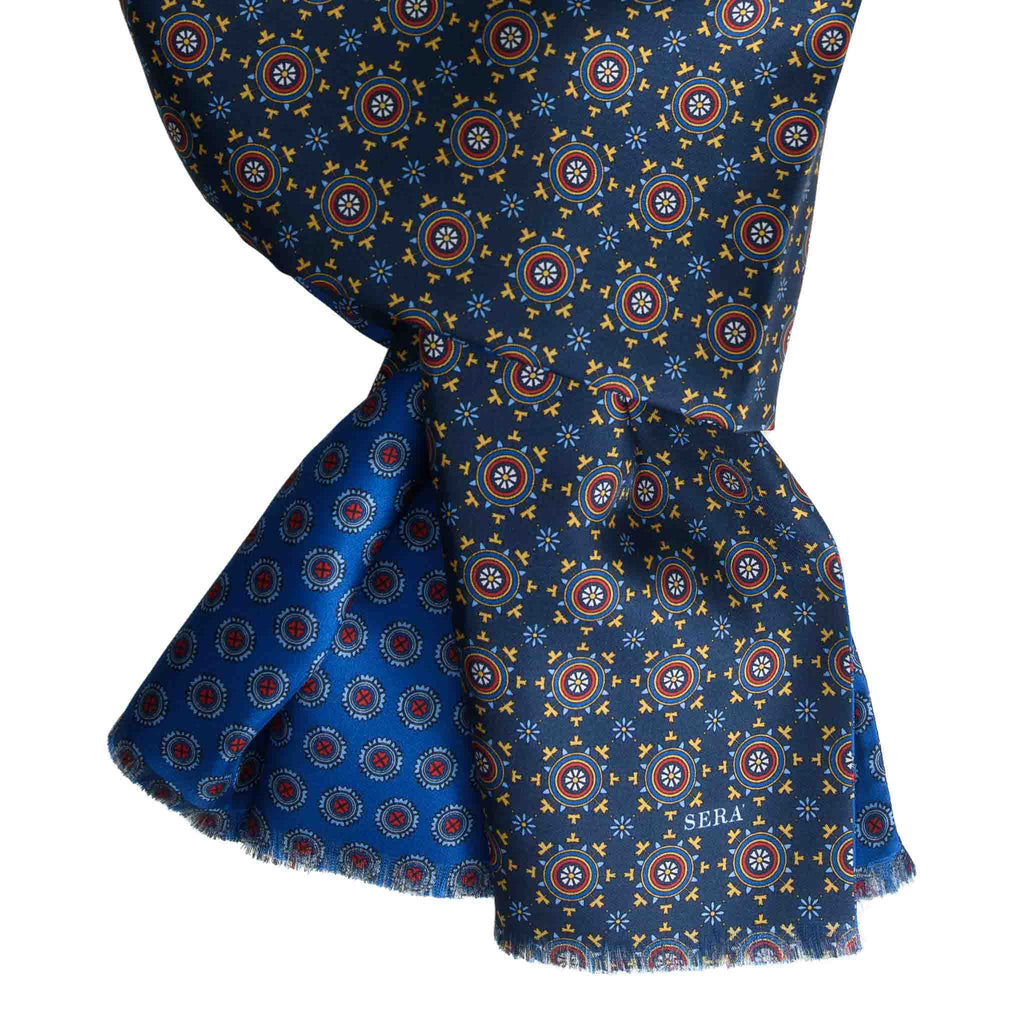 Italian Blue Silk Scarf with Big Medallions Serà Fine Silk