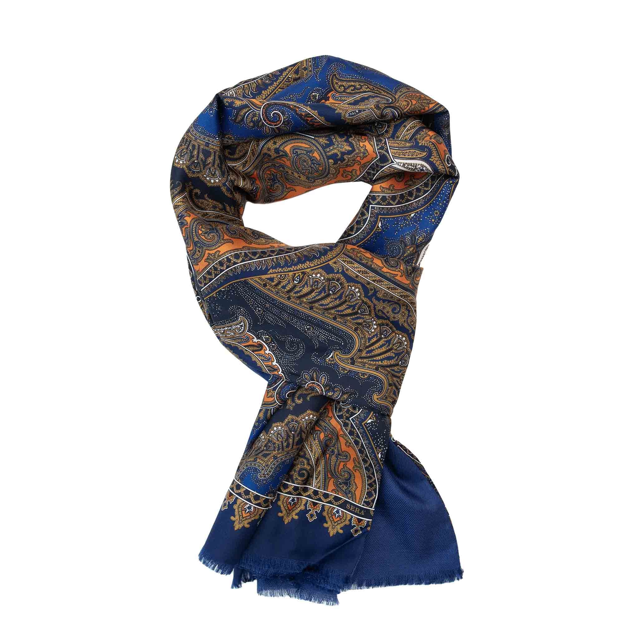 Blue and Orange Paisley Cashmere Scarf | Serà Fine Silk