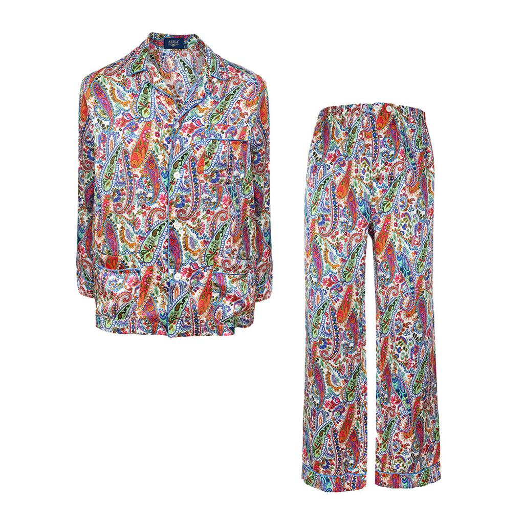 Multicolor Floral Paisley Silk Satin Pajama Serà Fine Silk