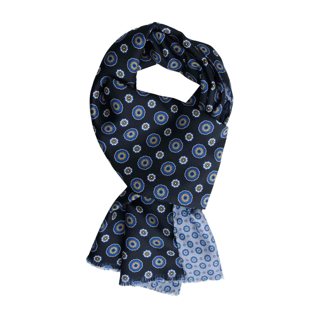 Black & Grey Silk Scarf with Flower Medallions  Serà Fine Silk