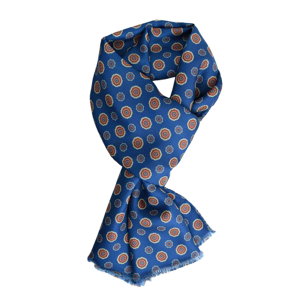 Blue & Light Blue Silk Scarf with Flower Medallions Serà Fine Silk