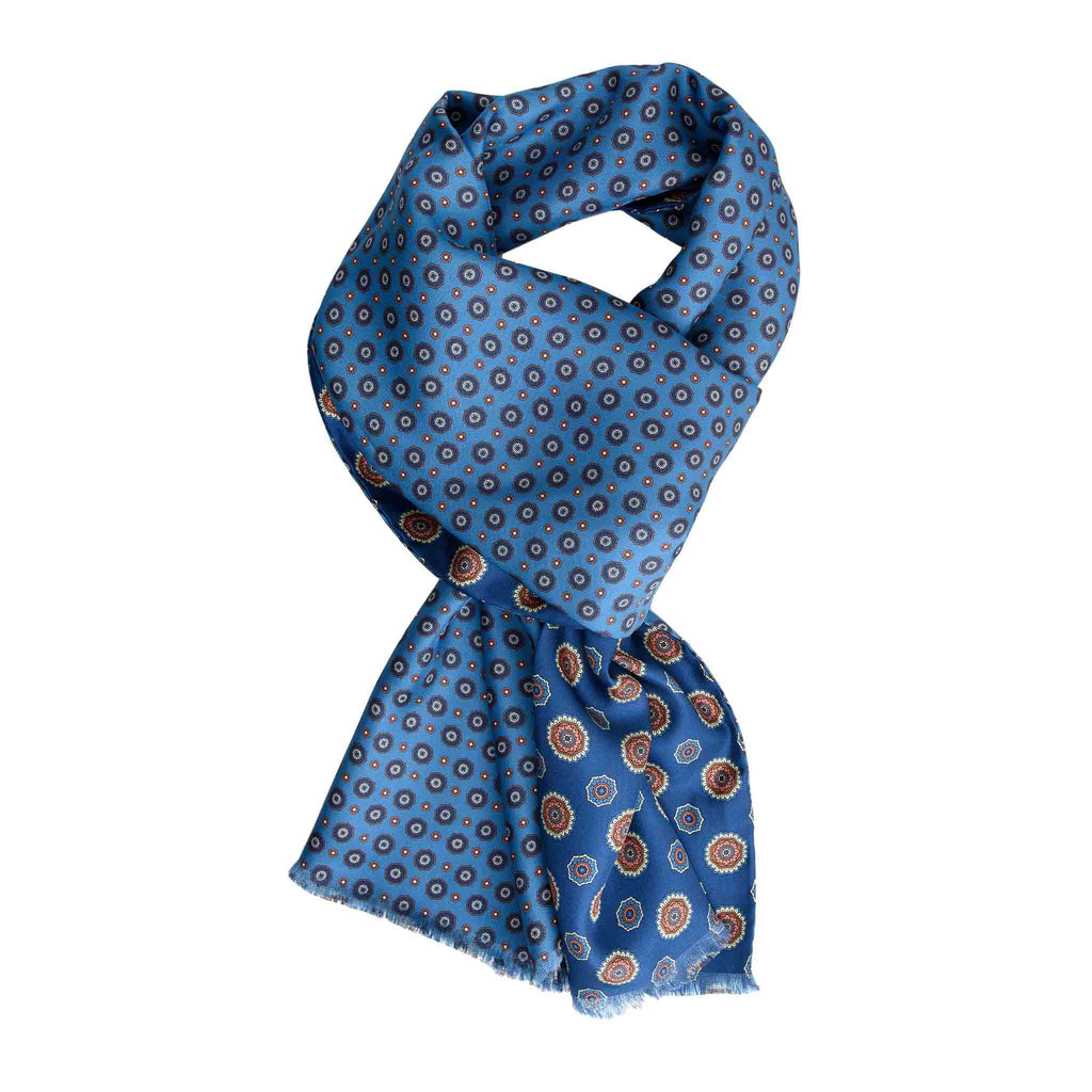 Blue & Light Blue Silk Scarf with Flower Medallions Serà Fine Silk