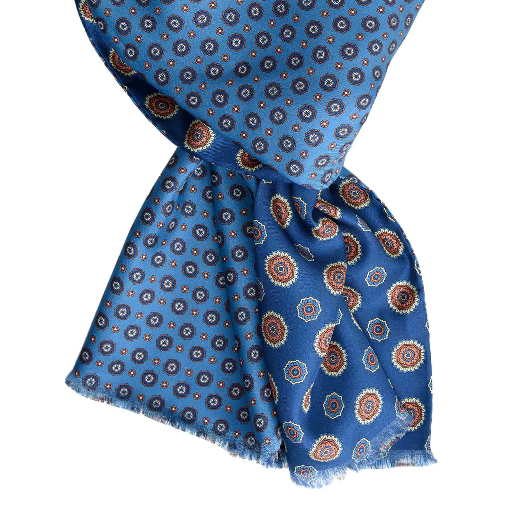 Blue & Light Blue Silk Scarf with Flower Medallions Serà Fine Silk