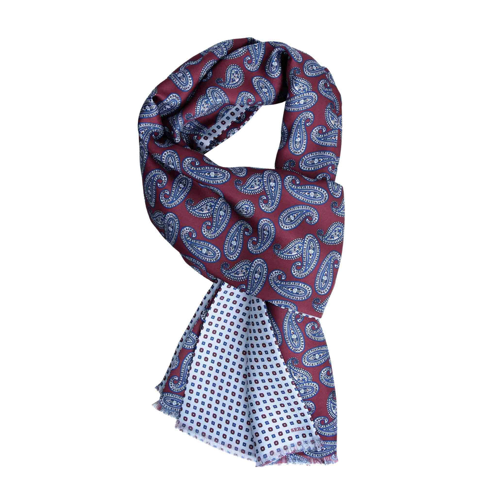 Burgundy and Dust Blue Silk Scarf with Paisley Pattern Serà Fine Silk