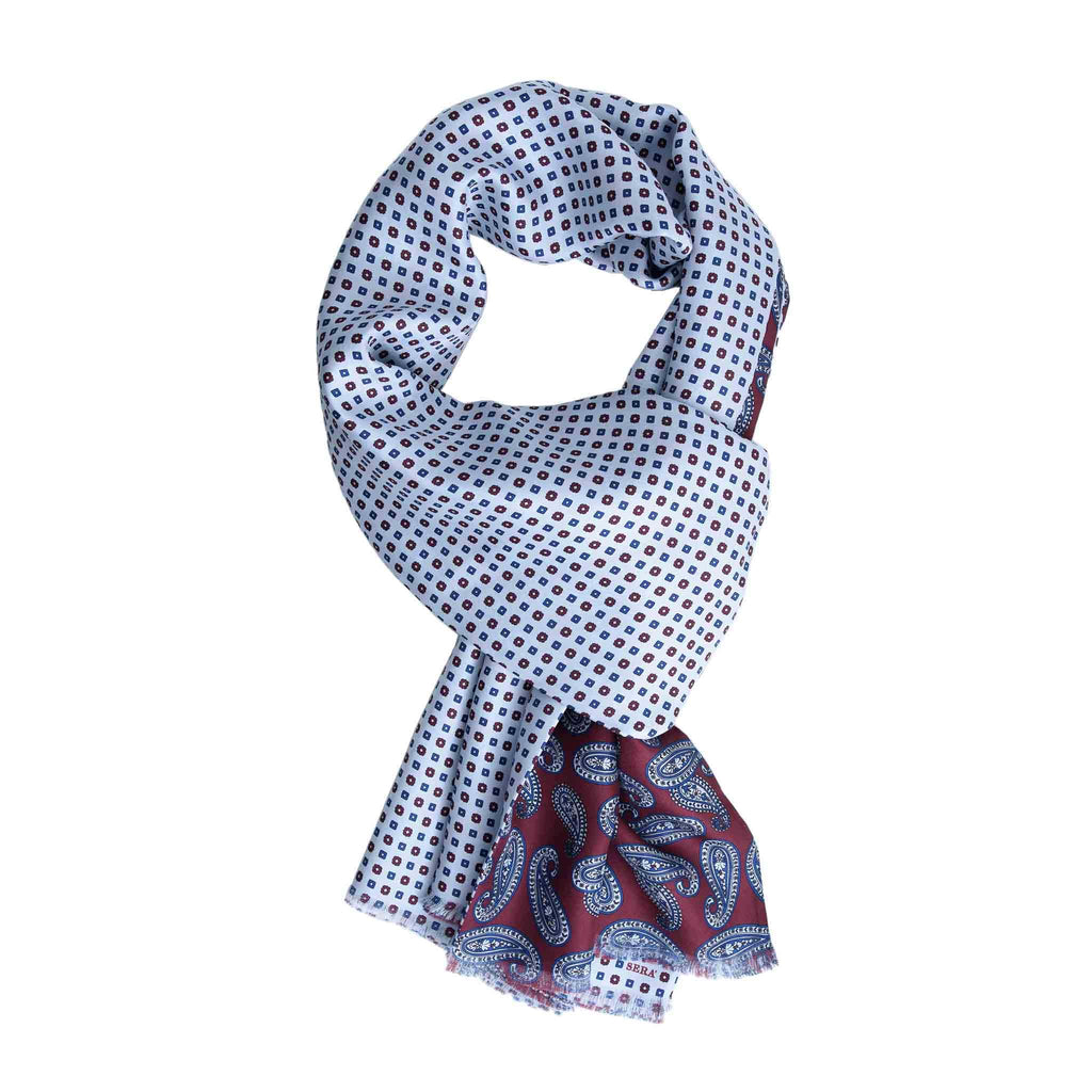 Burgundy and Dust Blue Silk Scarf with Paisley Pattern Serà Fine Silk
