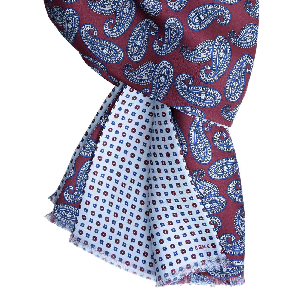 Burgundy and Dust Blue Silk Scarf with Paisley Pattern Serà Fine Silk