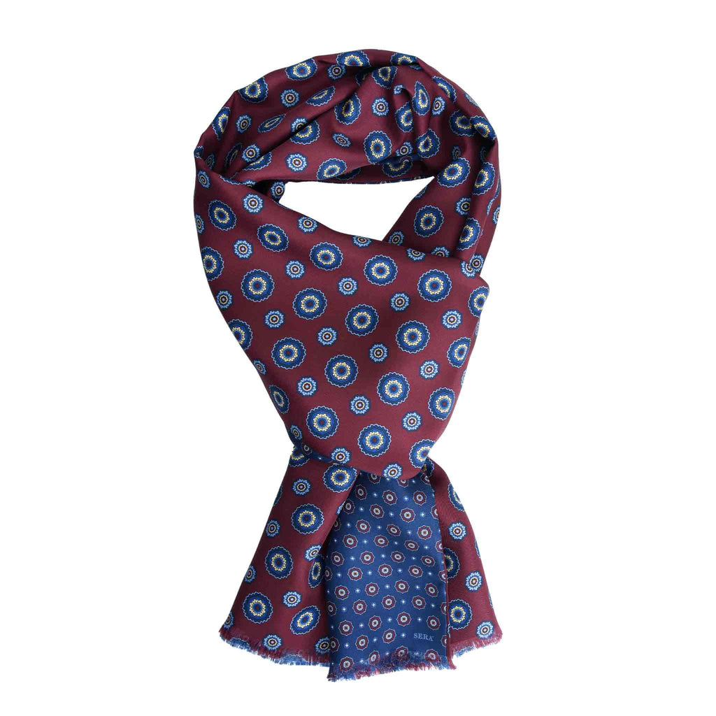 Burgundy & Blue Silk Scarf with Flower Medallions Serà Fine Silk