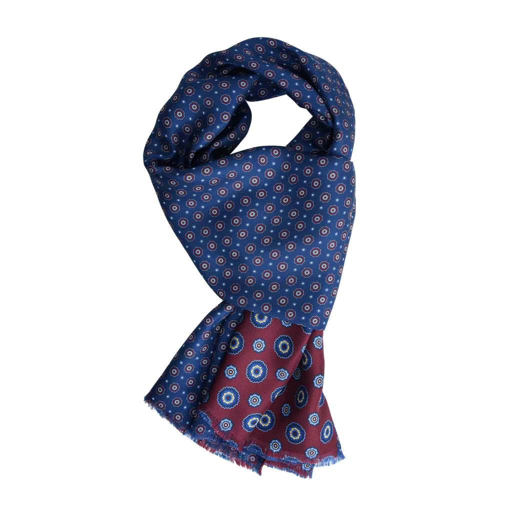 Burgundy & Blue Silk Scarf with Flower Medallions Serà Fine Silk