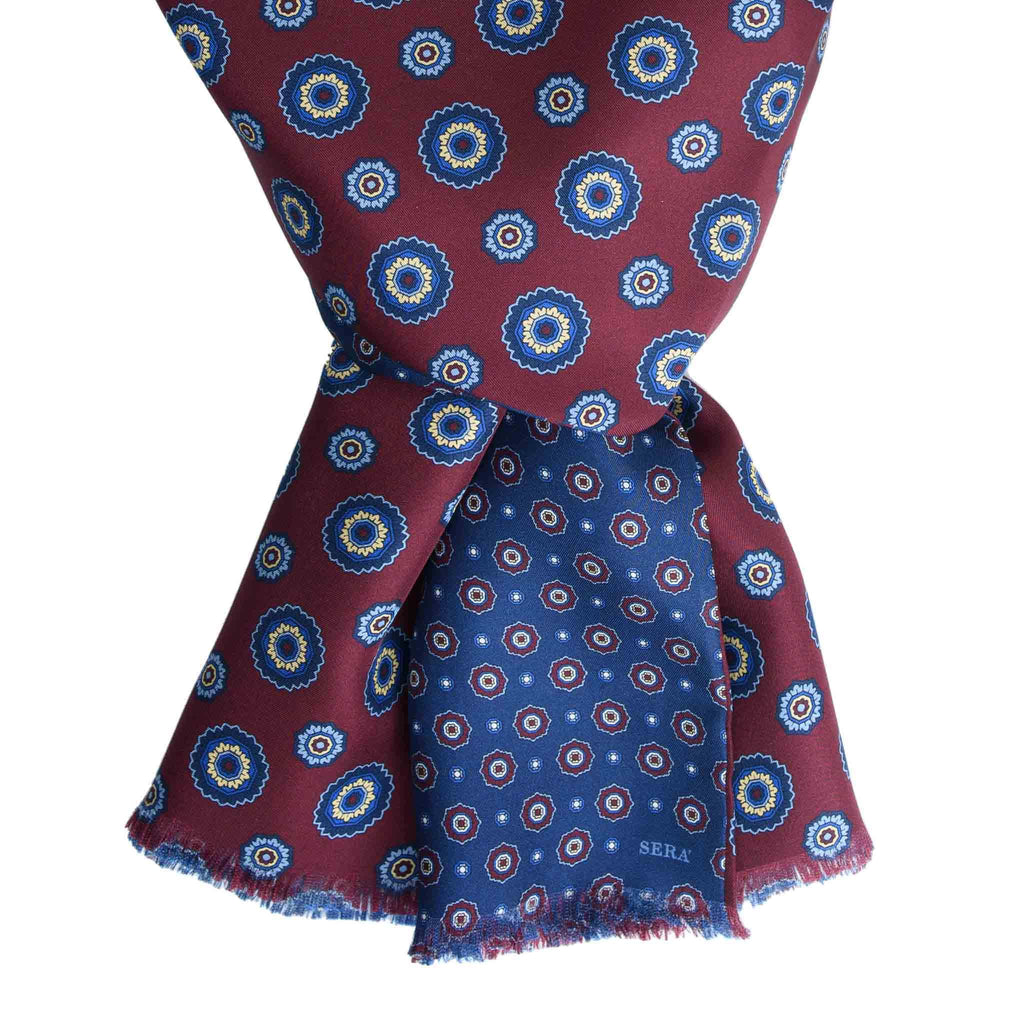 Burgundy & Blue Silk Scarf with Flower Medallions Serà Fine Silk