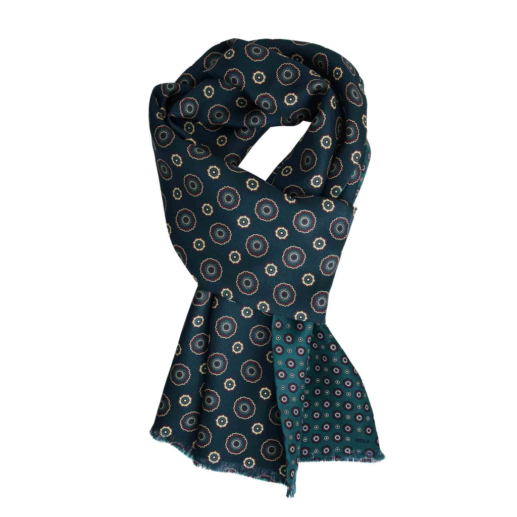 Green Silk Scarf with Flower Medallions Serà Fine Silk