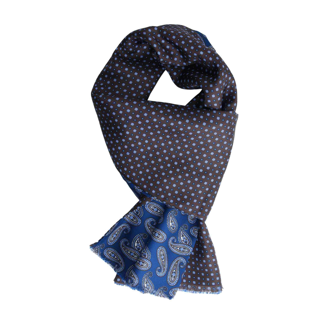 Navy and Brown Silk Scarf with Paisley Pattern Serà Fine Silk