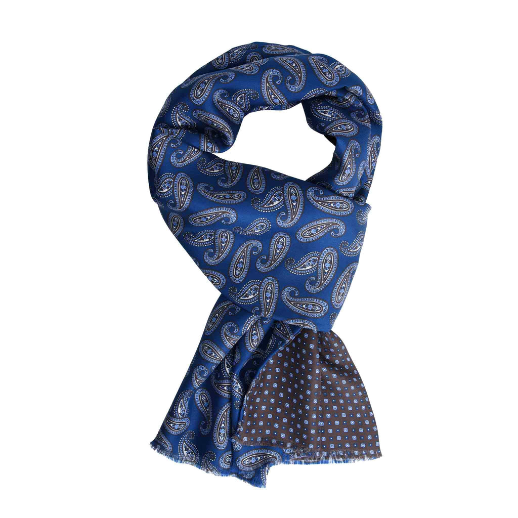 Navy and Brown Silk Scarf with Paisley Pattern Serà Fine Silk