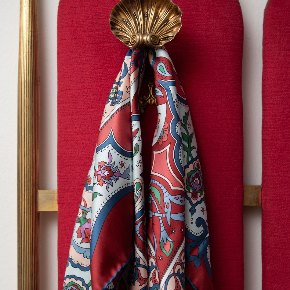 Red and Light Blue Silk Scarf Serà Fine Silk