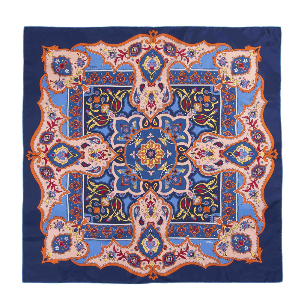 Navy Blue and Orange Silk Scarf Serà Fine Silk