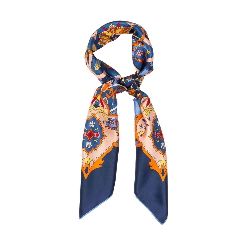 Navy Blue and Orange Silk Scarf Serà Fine Silk