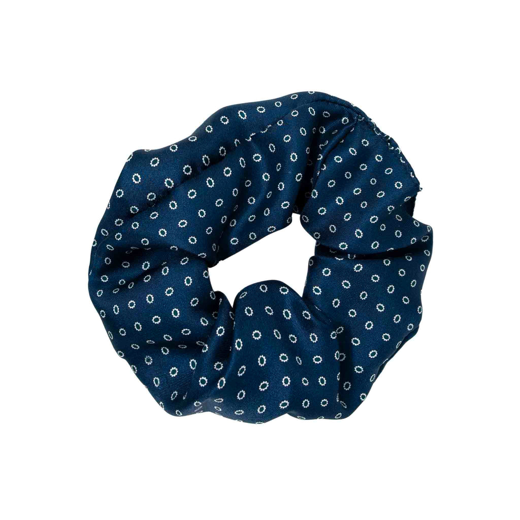 midnight blue green dots silk scrunchy