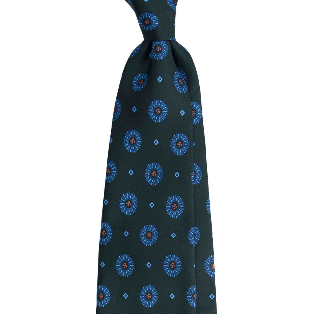 Dark Green Silk Tie with Blue Big Medallions Serà Fine Silk