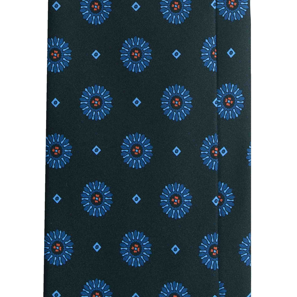 Dark Green Silk Tie with Blue Big Medallions Serà Fine Silk
