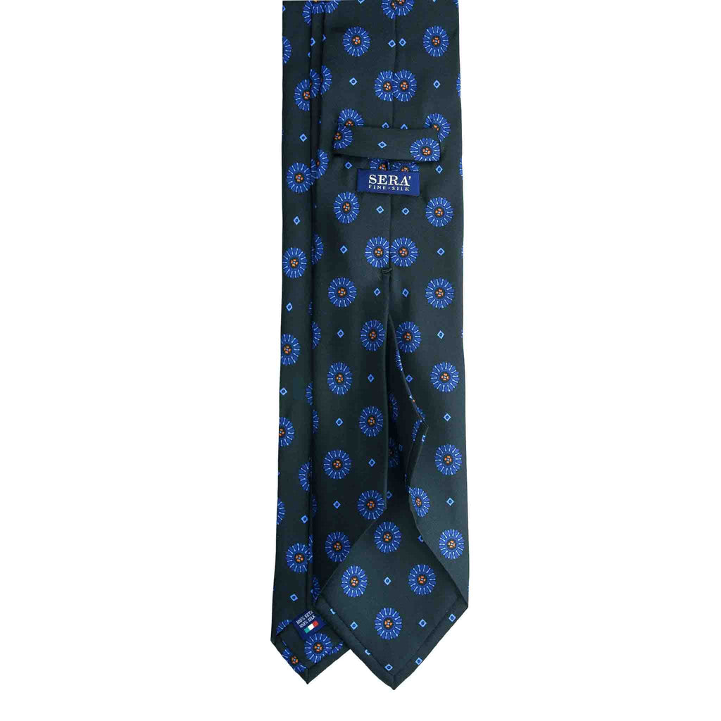 Dark Green Silk Tie with Blue Big Medallions Serà Fine Silk