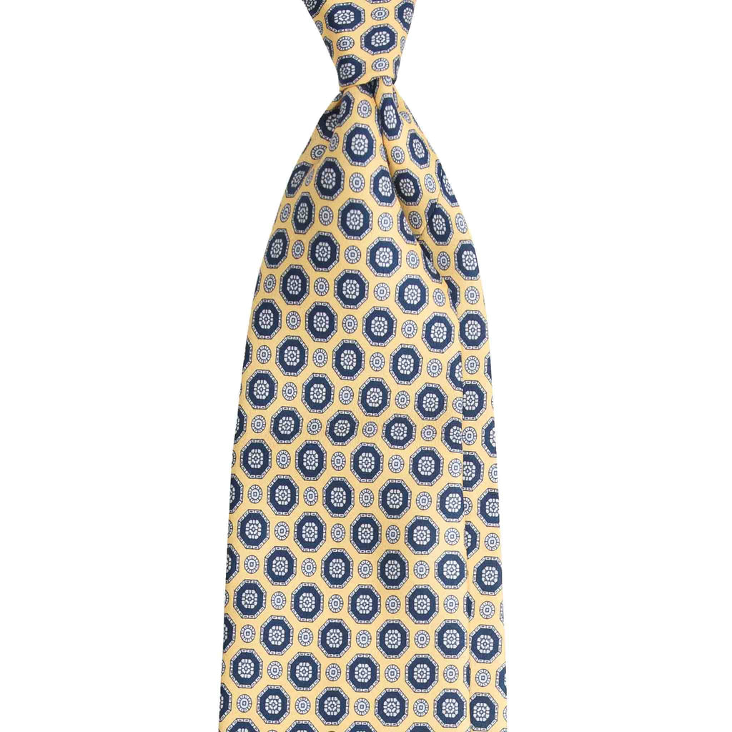 Yellow Silk Tie with Blue Geometric Medallions Serà Fine Silk