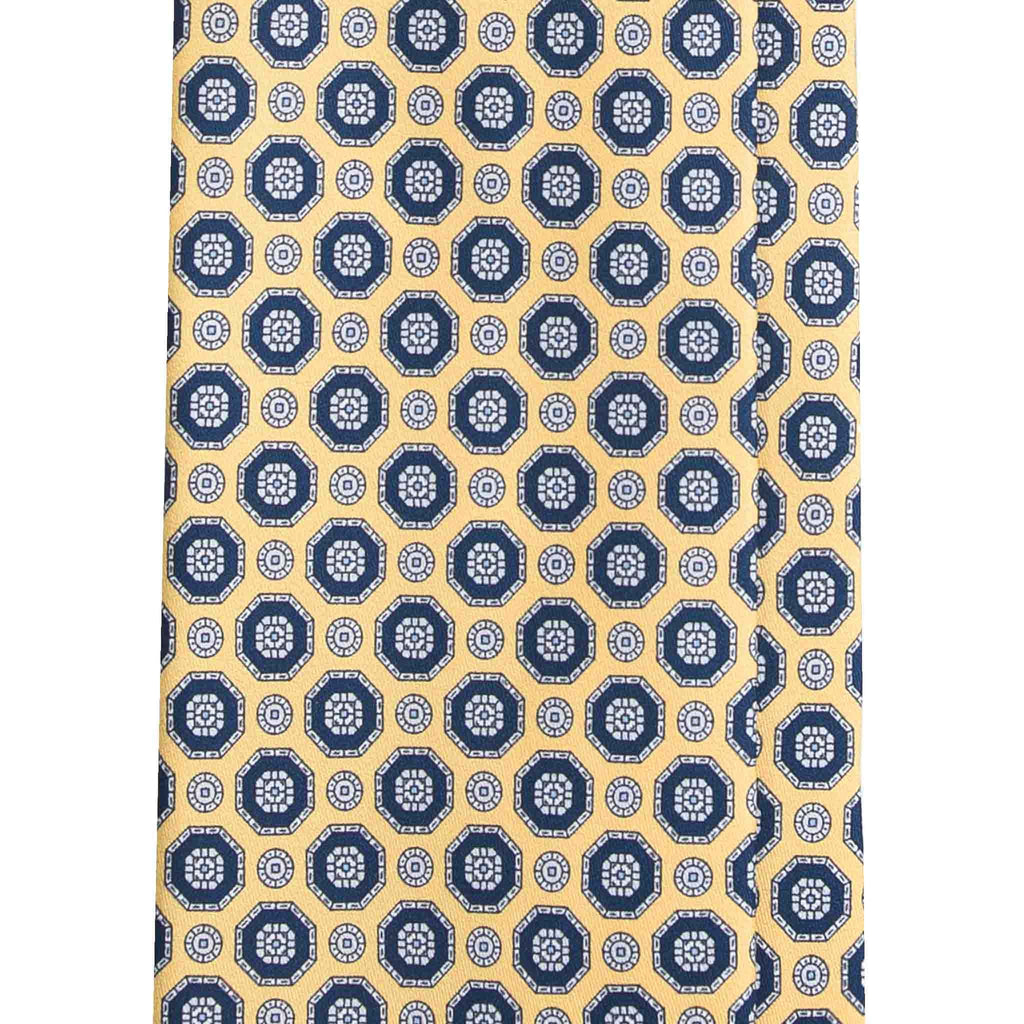 Yellow Silk Tie with Blue Geometric Medallions Serà Fine Silk