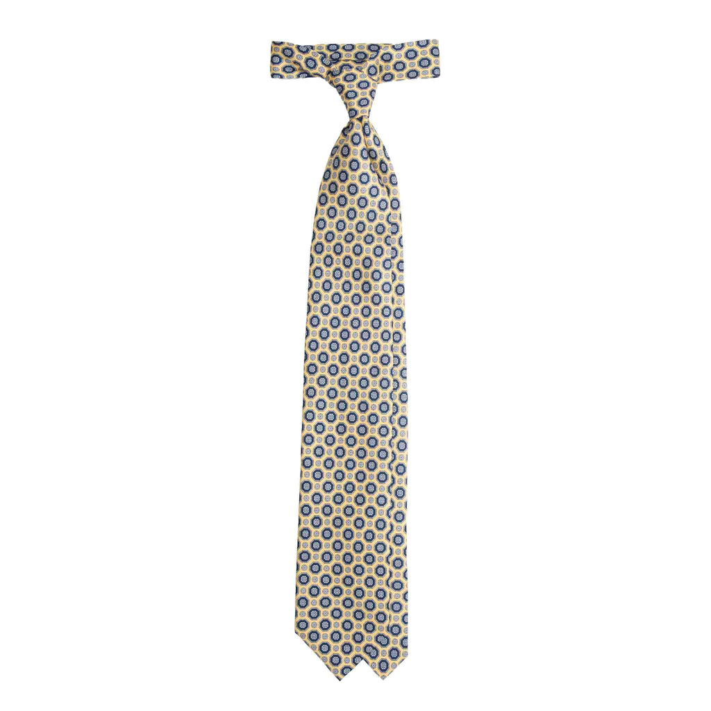 Yellow Silk Tie with Blue Geometric Medallions Serà Fine Silk