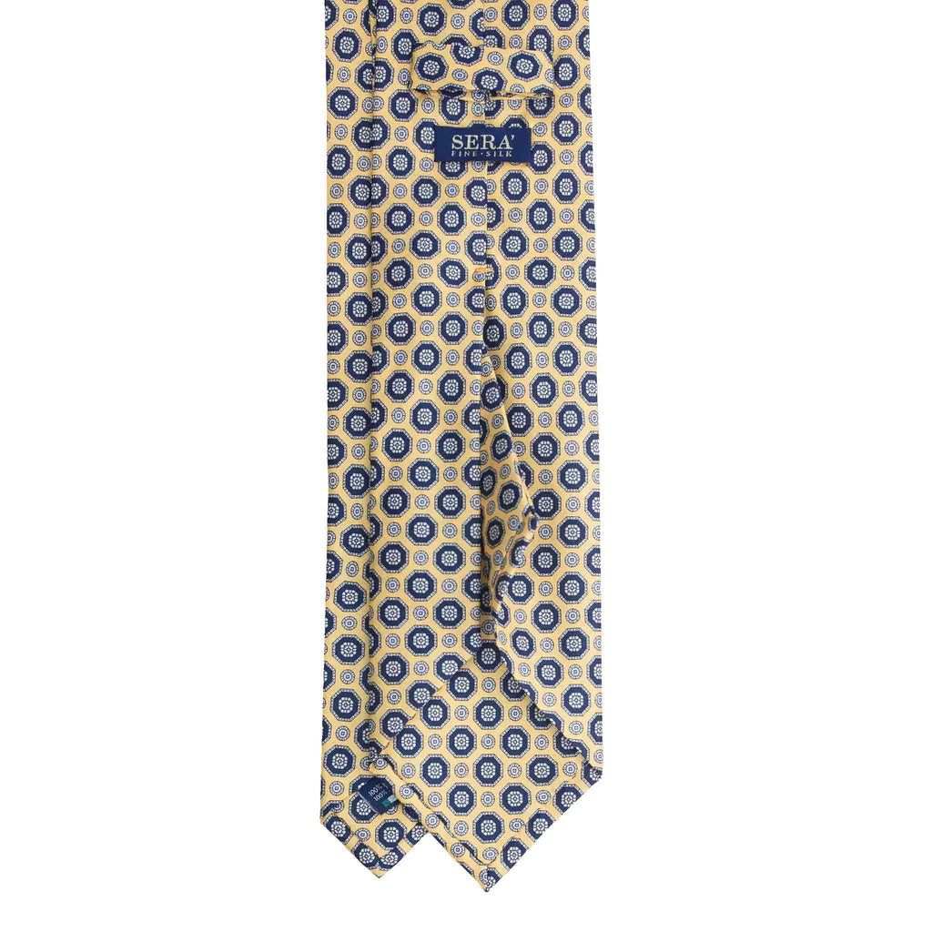 Yellow Silk Tie with Blue Geometric Medallions Serà Fine Silk