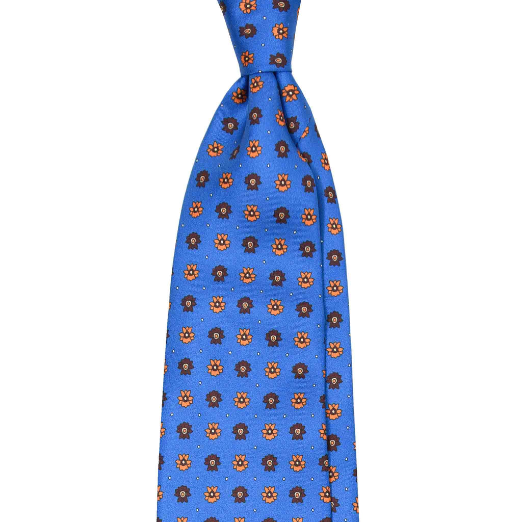 Blue Silk Tie with Orange and Brown Flowers Serà Fine Silk
