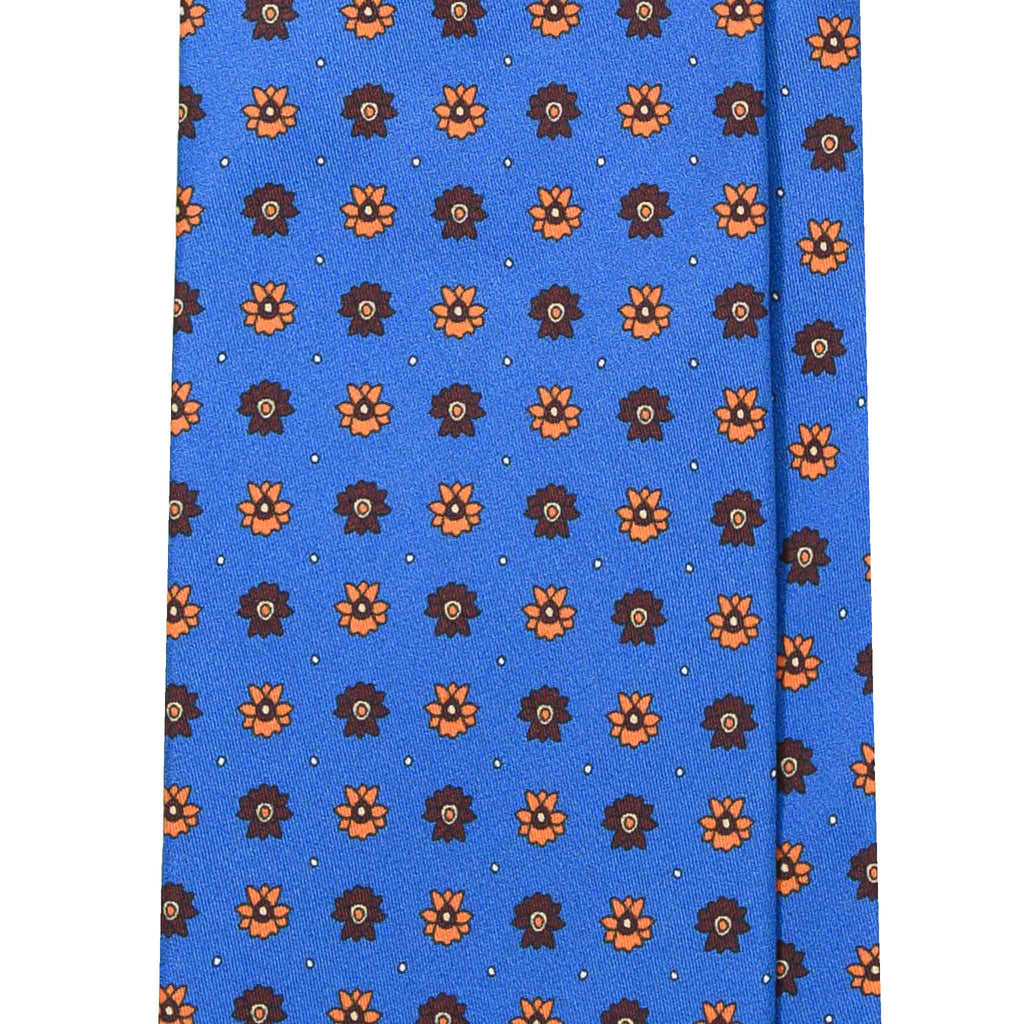 Blue Silk Tie with Orange and Brown Flowers Serà Fine Silk