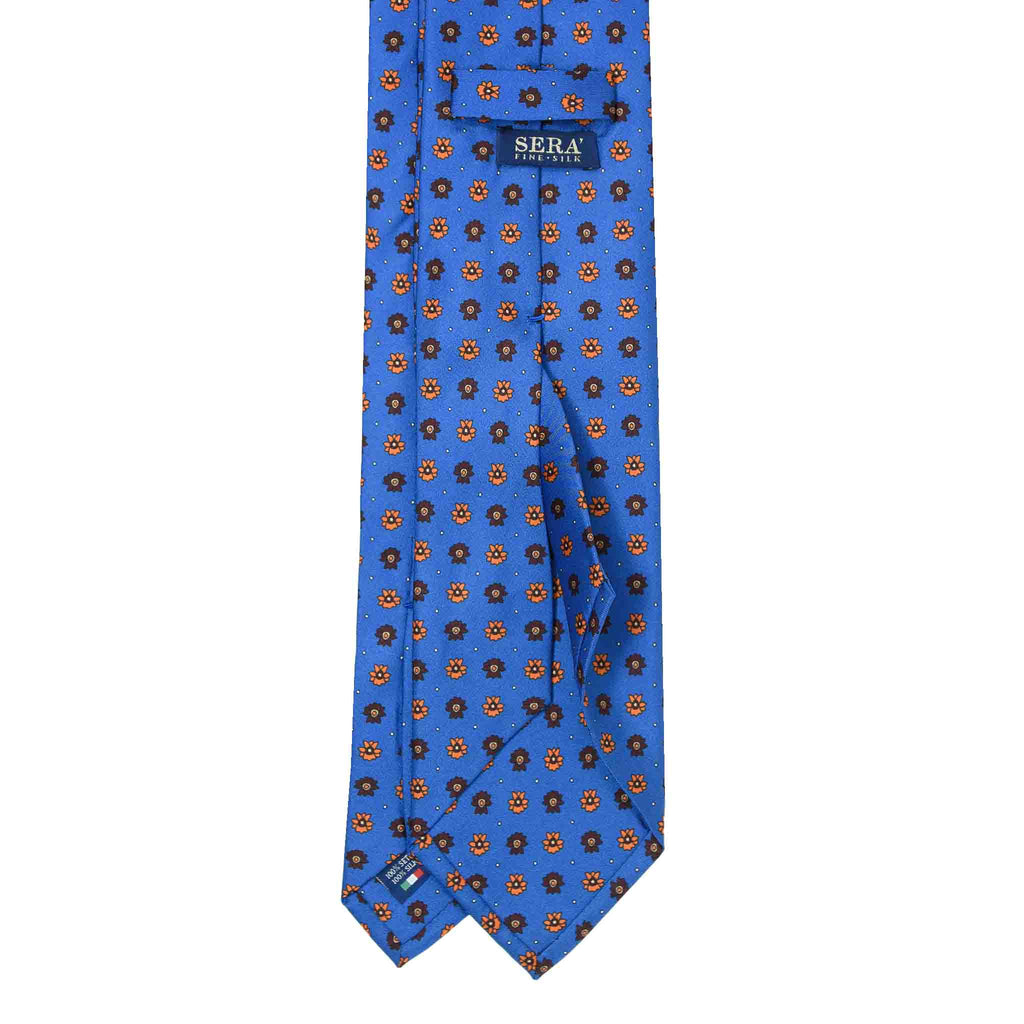 Blue Silk Tie with Orange and Brown Flowers Serà Fine Silk